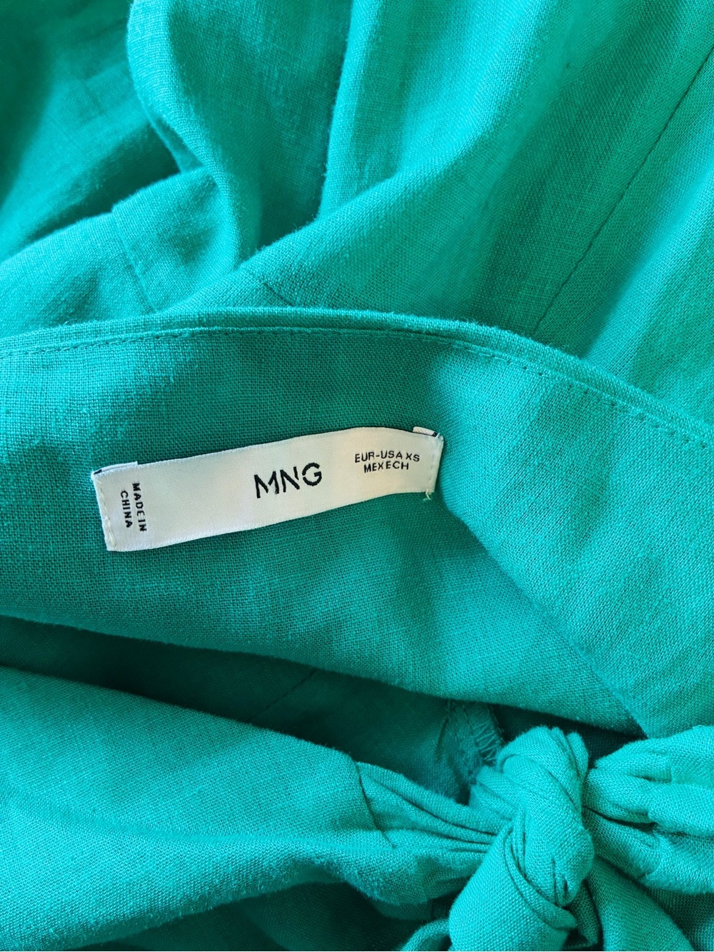 Mango MNG Emerald Green Linen Blend Tie Front Wide Leg Jumpsuit XS Resort Vacati - Picture 3 of 5